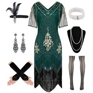 9888 1920s Flapper Dress Sequin Dress V Neck Lace Fringed Dress